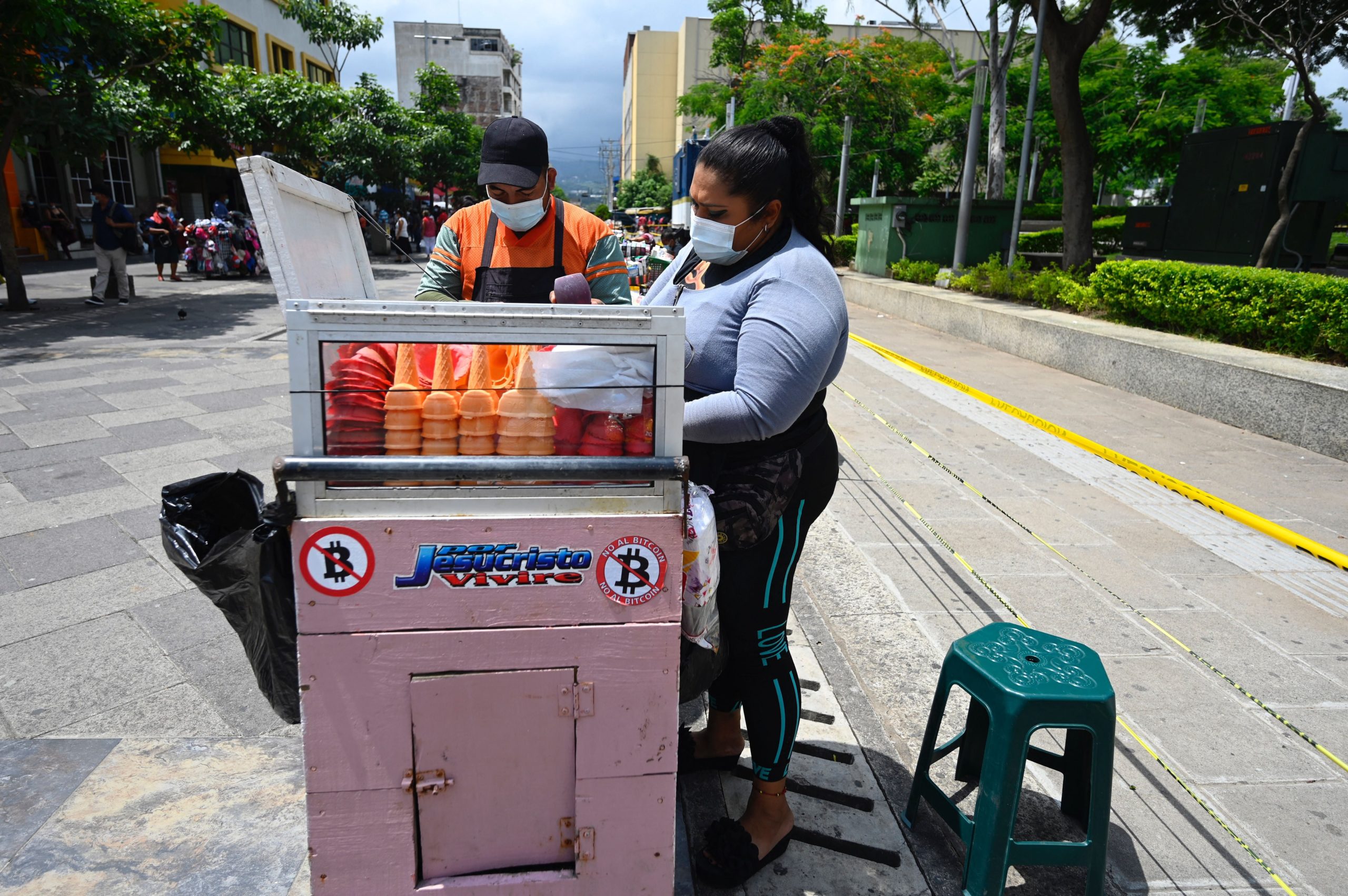 View of stickers against bitcoin in an ice cream vendor's cart in San Salvador on September 1, 2021.  (Photo: Marvin Recinos/AFP, Getty Images)