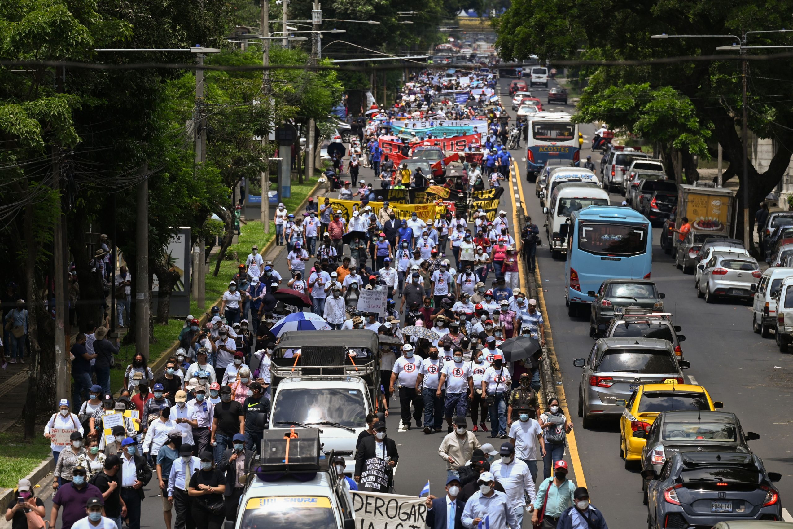 People take part in a demonstration against the Salvadoran government's bitcoin gamble in San Salvador, on September 7, 2021. (Photo: Marvin Recinos/AFP, Getty Images)