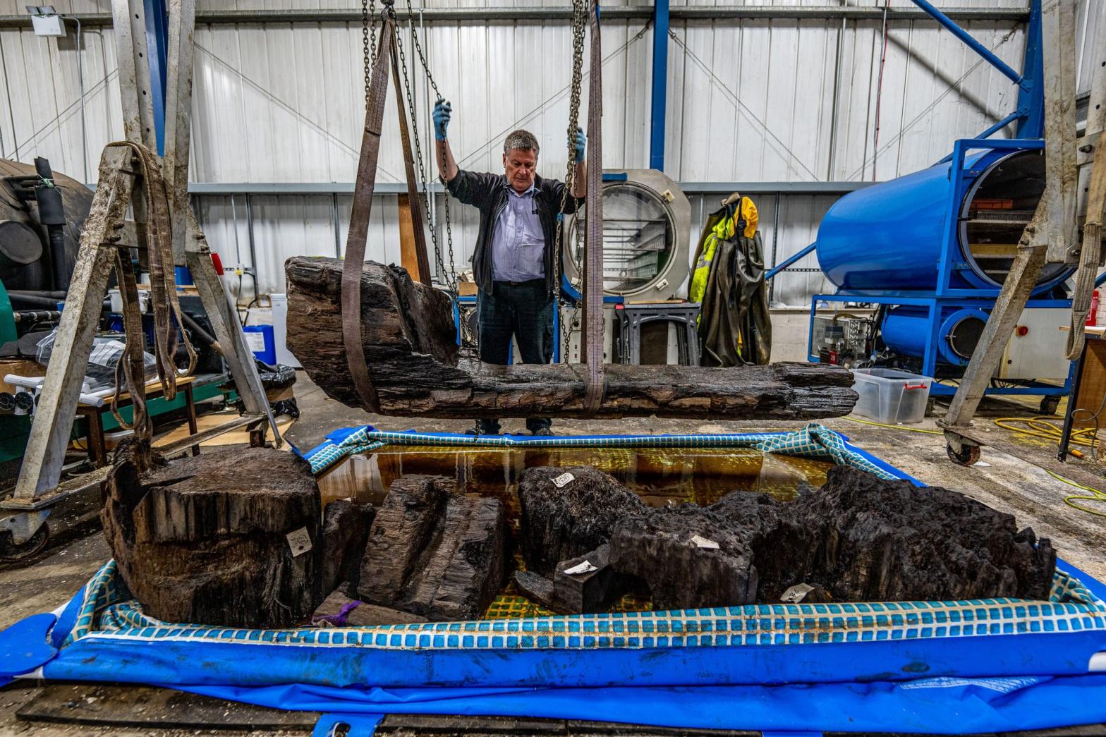 Ian Panter, the head of conservation at the York Archaeological Trust, with the coffin. (Photo: Charlotte Graham)