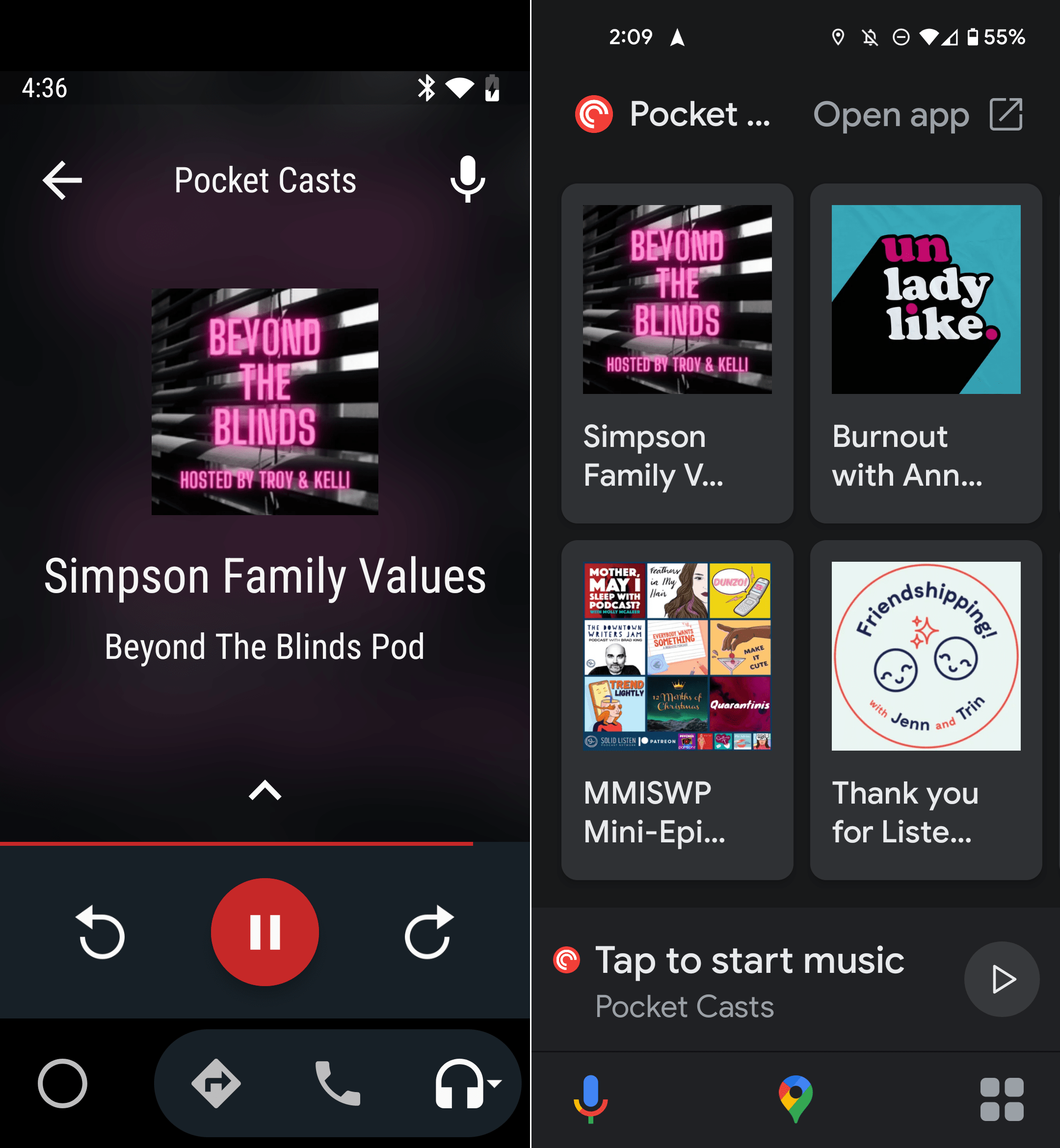 The Pocket Casts app on the Assistant Driving Mode (right) has fewer menus to dig through than the original Android Auto app (left) for the smartphone. (Screenshot: Florence Ion / Gizmodo)