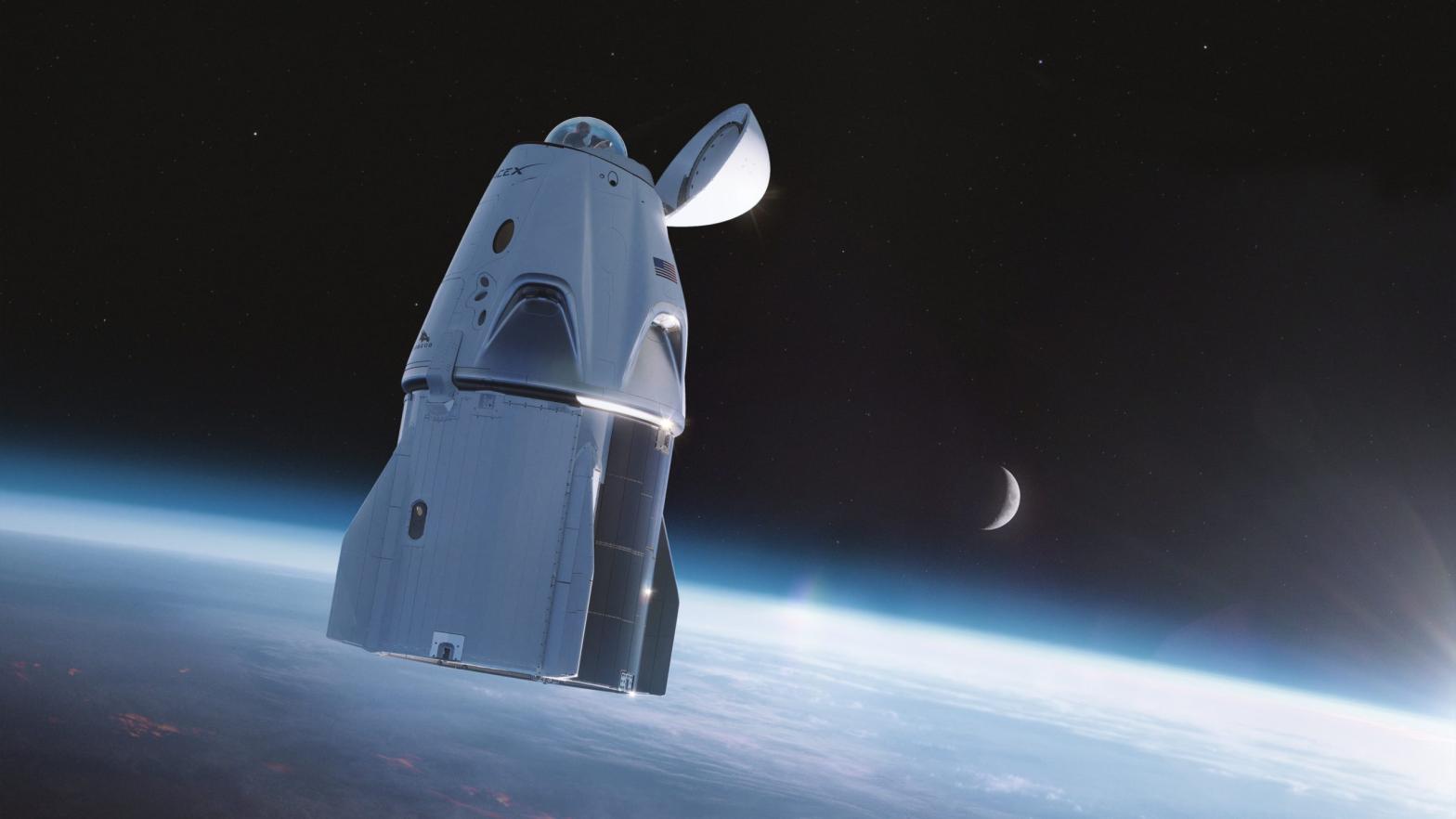 Artist's rendering of the Crew Dragon in orbit, with window dome open.  (Image: Inspiration4/SpaceX)