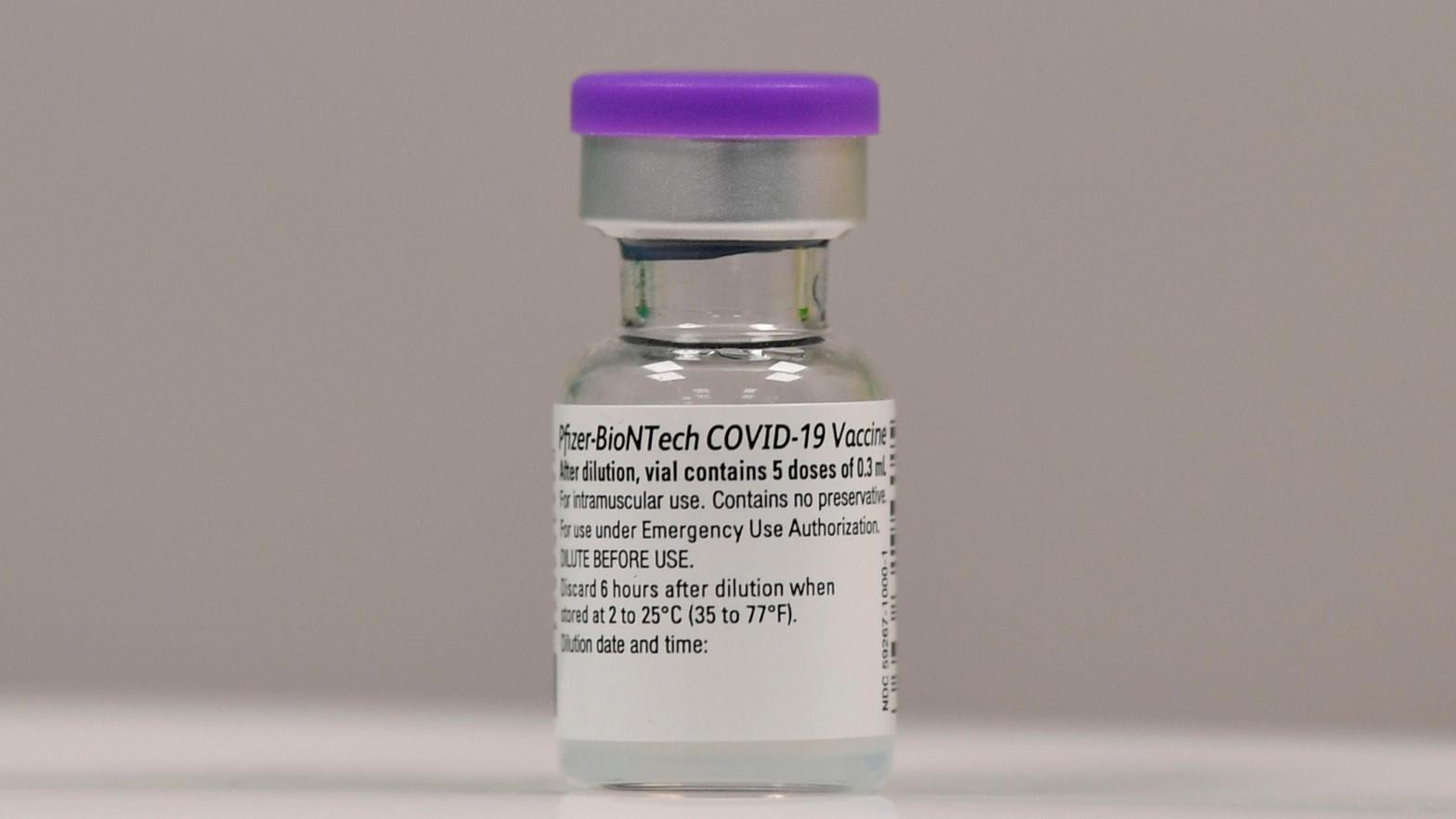 A vial of the Pfizer-BioNTech Covid-19 vaccine is seen at a vaccination health centre in Cardiff, South Wales in the UK on December 8, 2020 (Photo: Justin Tallis, Getty Images)