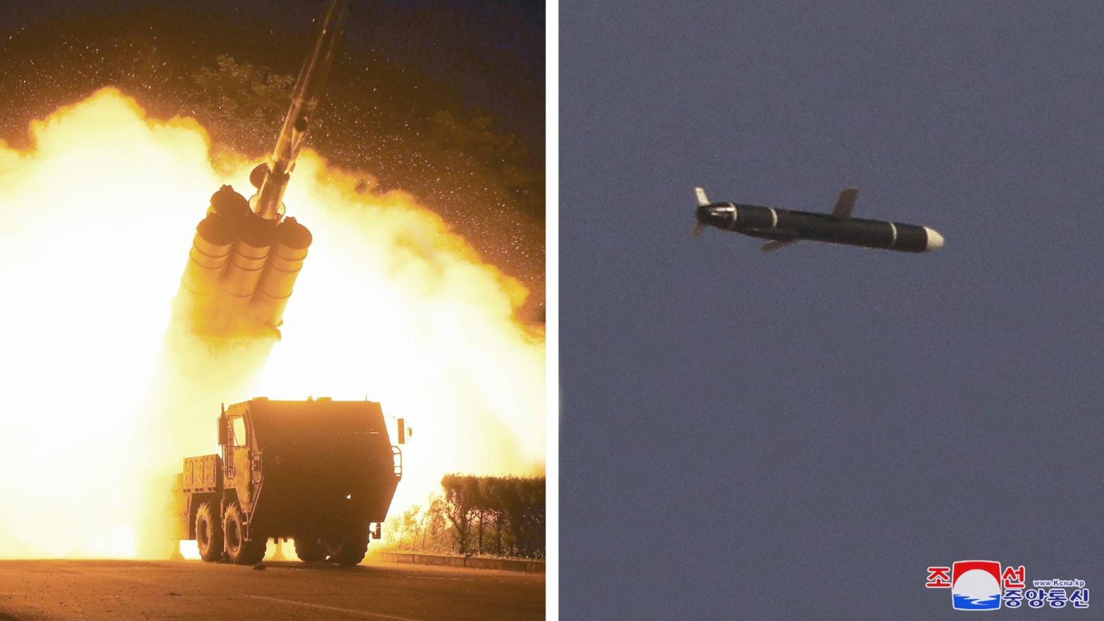 Photos provided by the North Korean government on  Sept. 13, 2021, show long-range cruise missiles tests held on  Sept. 11 -12, 2021 in an undisclosed location of North Korea. (Photo: Korean Central News Agency/Korea News Service via AP, AP)