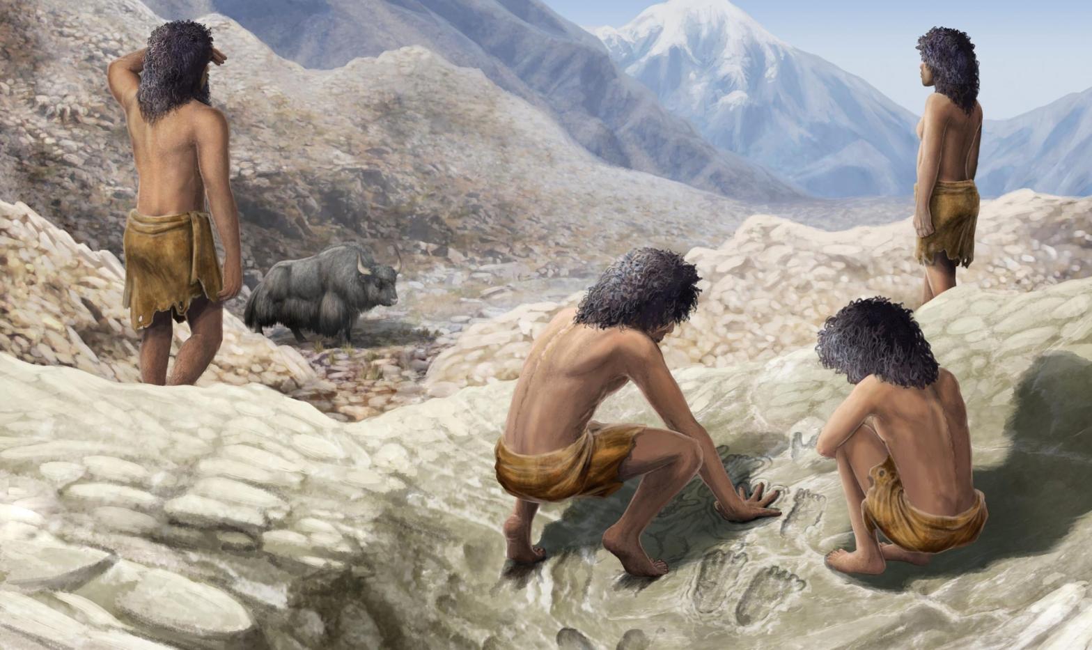 Artist's imagining of two mid-Pleistocene hominins making their marks. (Illustration: Gabriel Ugeto)