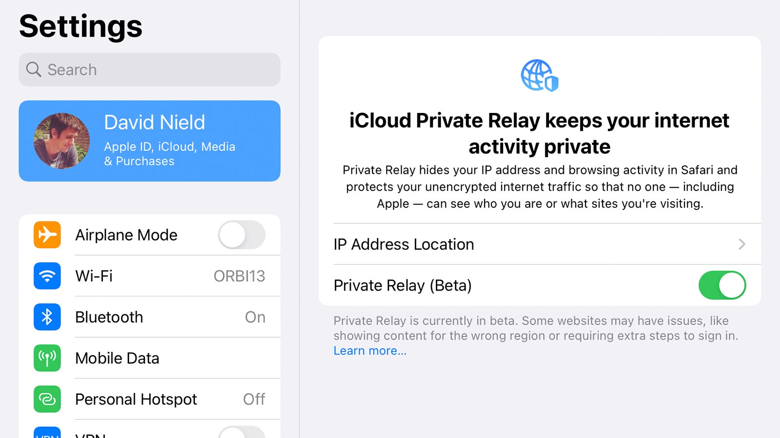 iCloud Private Relay is part of iCloud+. (Screenshot: iPadOS)