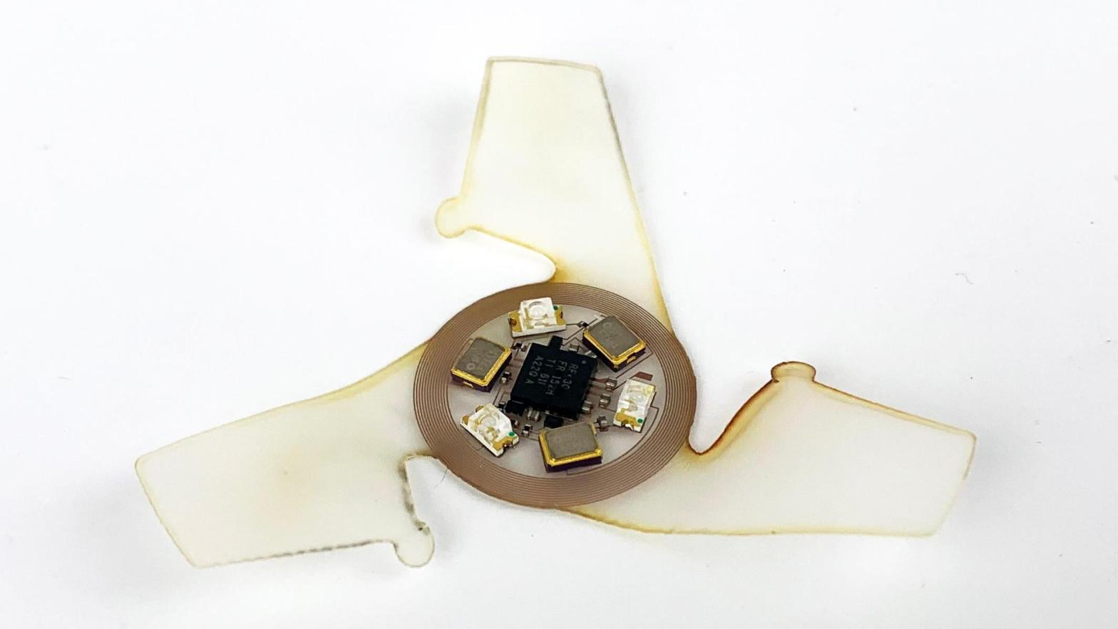 A microflier fitted with a coil antenna and UV sensors. (Image: Northwestern University)
