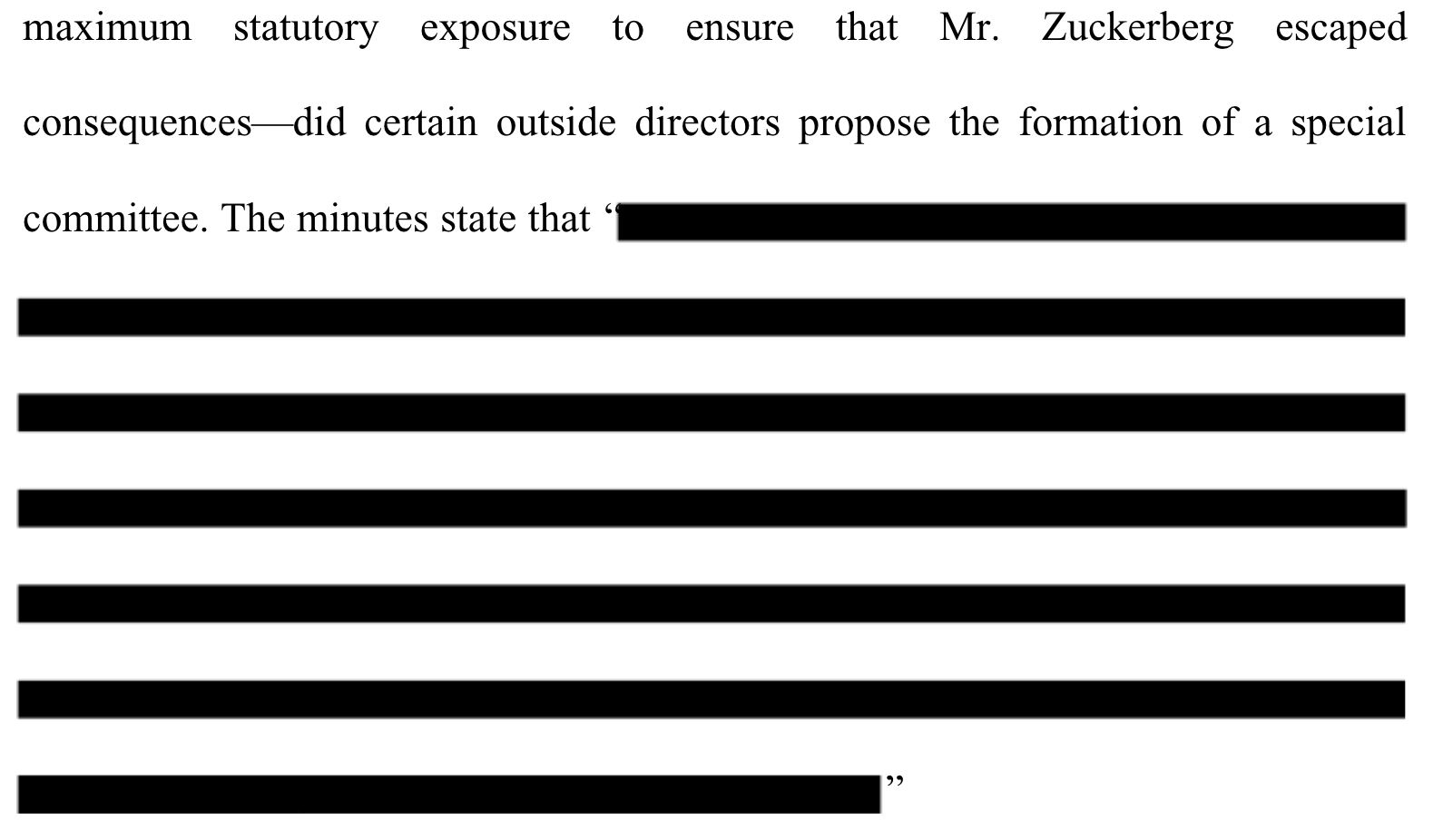 An example of the heavy redactions within the suits against Facebook, its executives, and board members. (Screenshot: Gizmodo/Delaware Court)