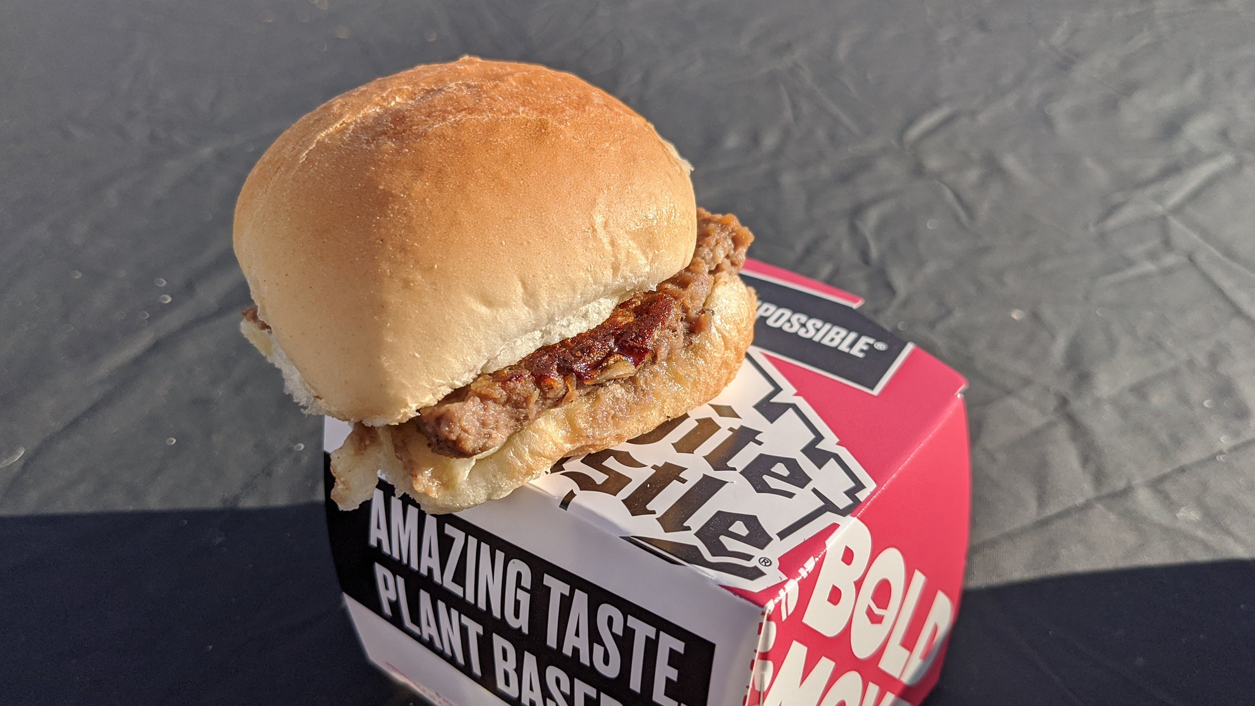 Back at CES 2020, Impossible tested its new fake pork in banh mi form, in dumplings, and as a slider in collaboration with White Castle (above).  (Photo: Sam Rutherford)