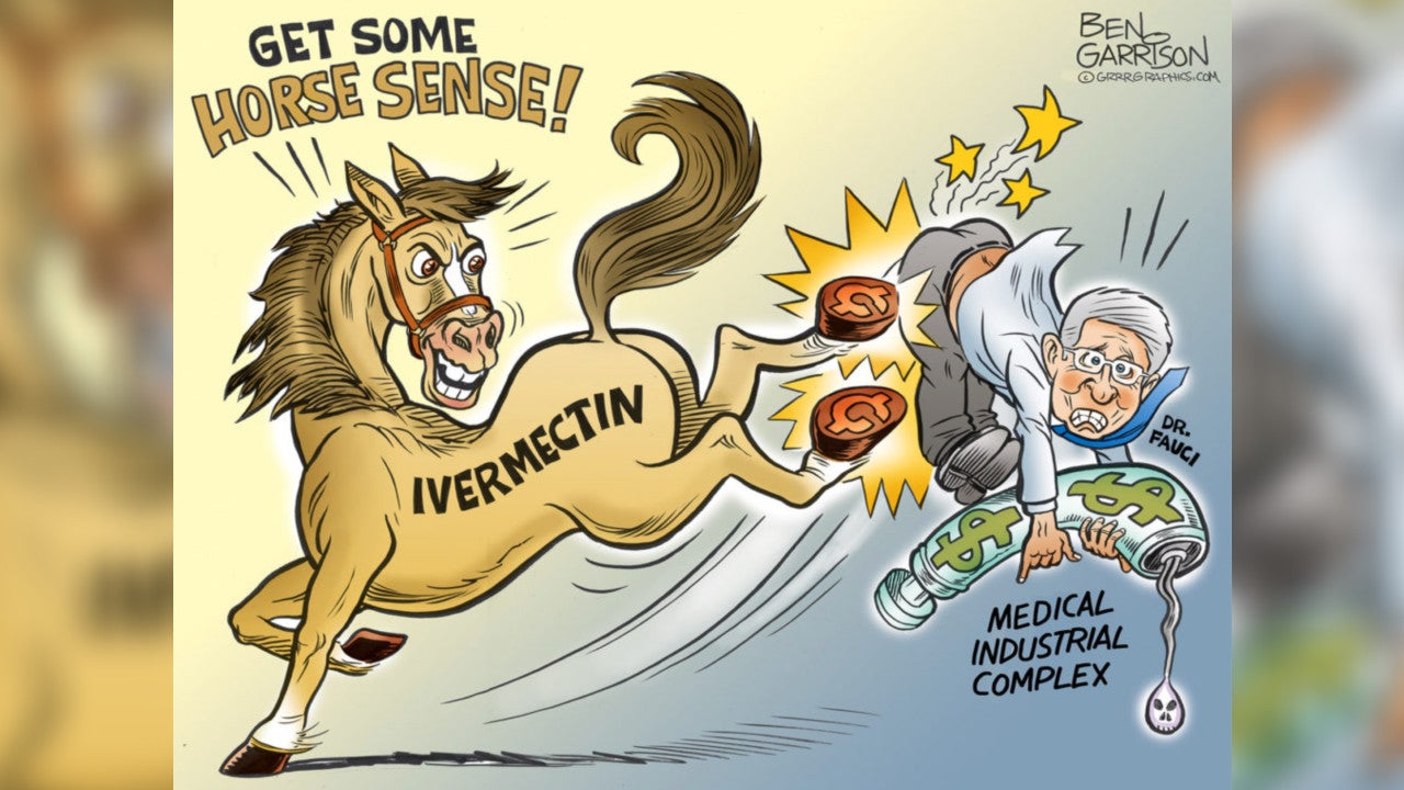 A recent cartoon by Ben Garrison suggesting ivermectin is an effective treatment for covid-19 (it's not). (Image: Ben Garrison)