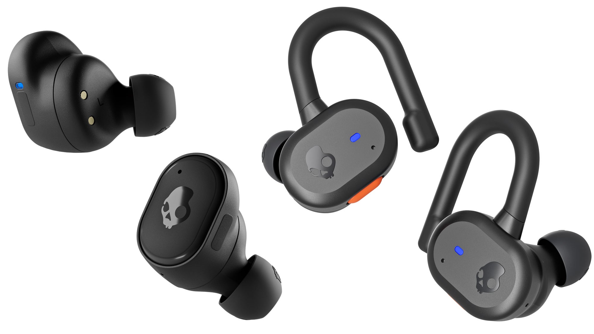 The Skullcandy Grind Fuel (left) compared to the Push Active (right). The latter includes a flexible over-the-ear support for a more secure fit during physical activities. (Image: Skullcandy)