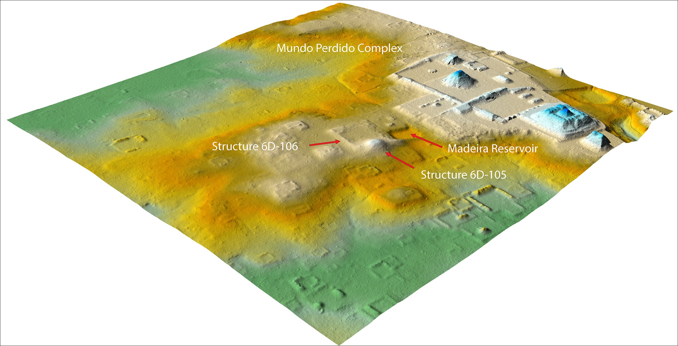Lidar image showing the newly discovered complex. The city of Tikal is shown at top right.  (Image: T. Garrison/PACUNAM/Antiquity)