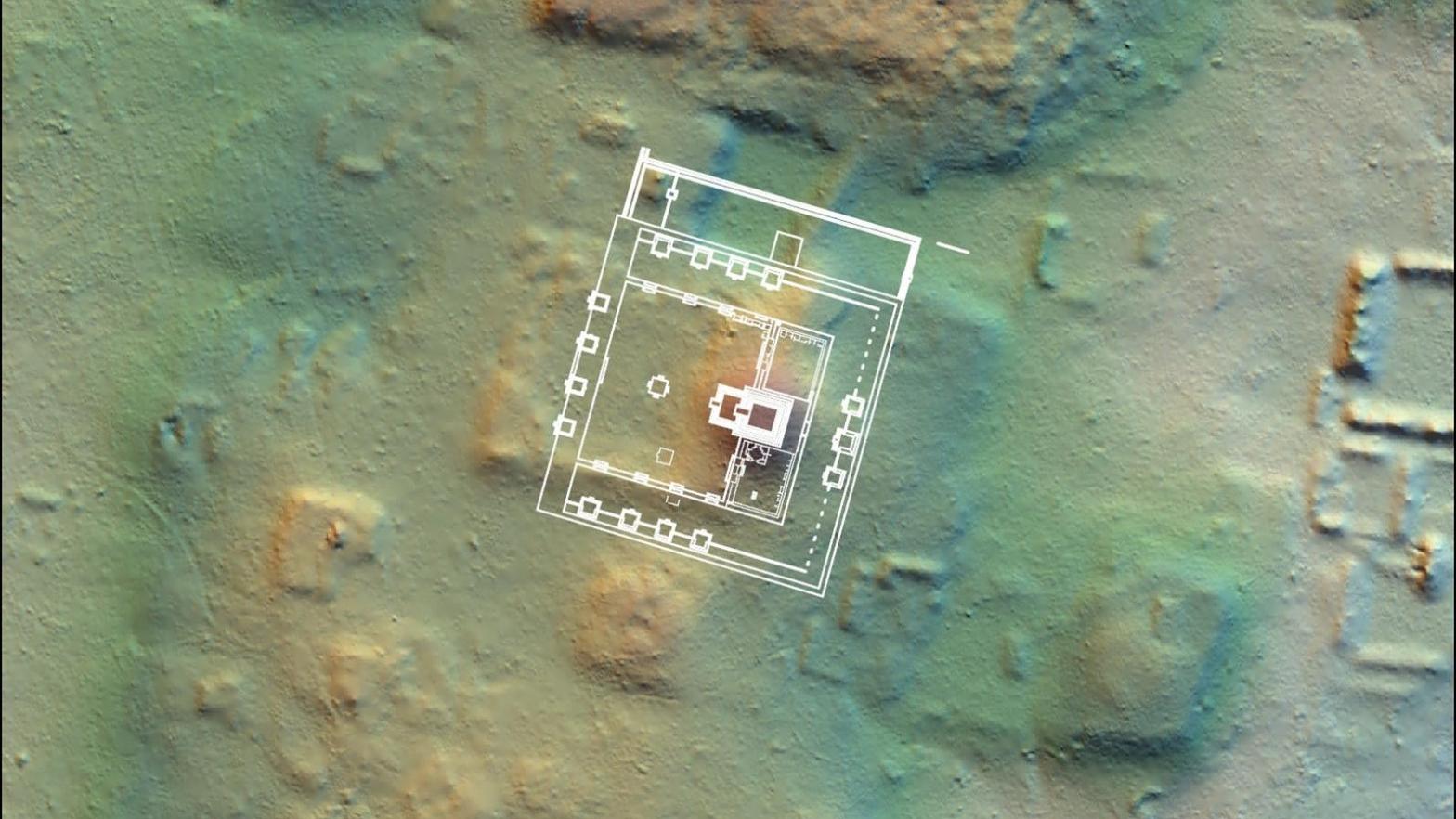 Lidar image showing the citadel within the newly discovered complex outlined in white.  (Image: T. Garrison/PACUNAM/Antiquity)