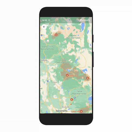A visualisation of the new top-level fire layer on Google Maps. (Gif: Google, Fair Use)