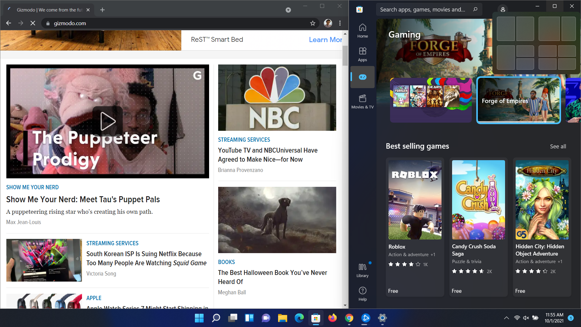 You can get an idea of the redesigned Microsoft app store on the right, along with options for Windows 11's new snap grids in the top right corner.  (Screenshot: Sam Rutherford)
