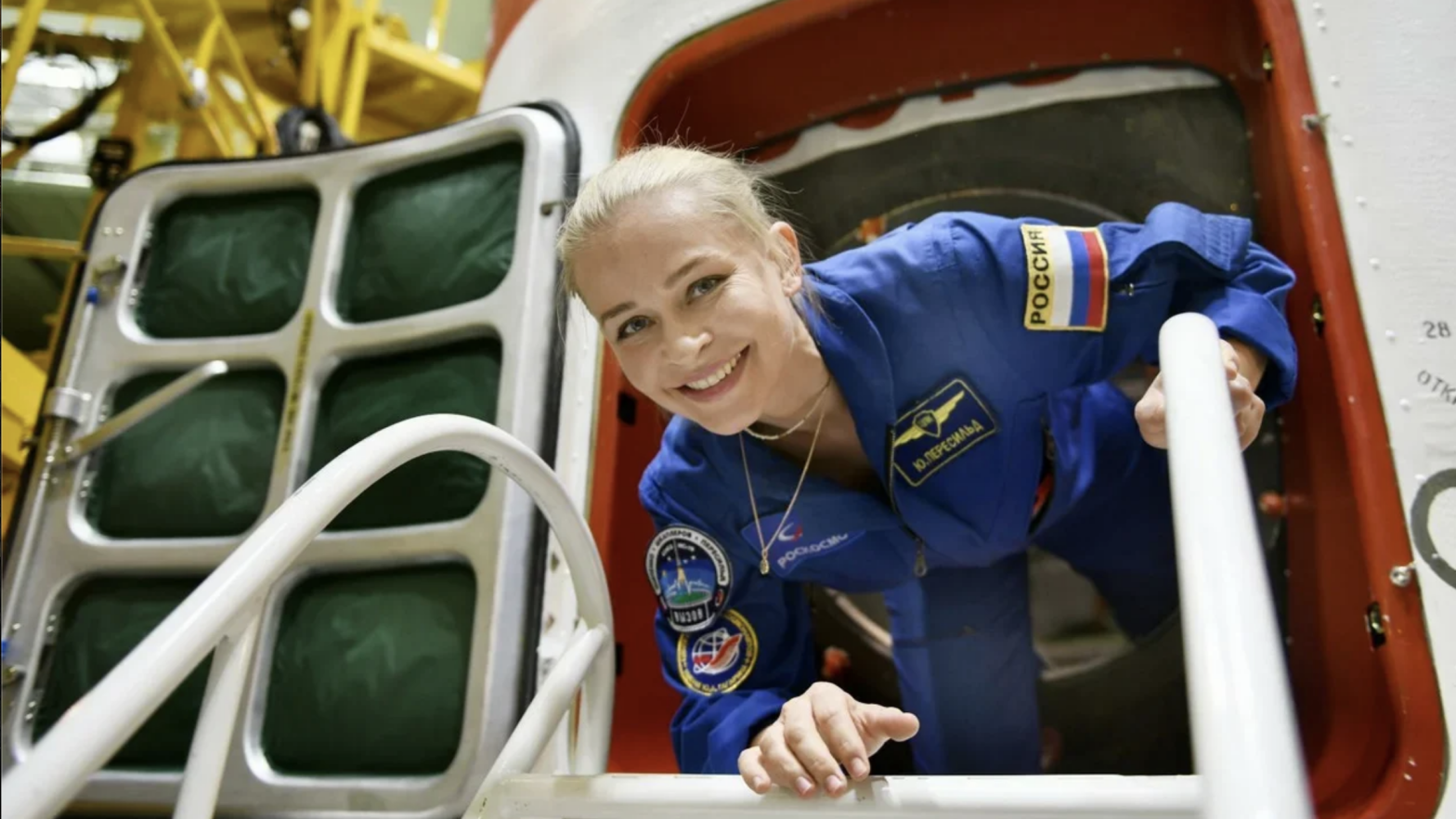 Actress Yulia Peresild preparing for the mission at the Yuri Gagarin Cosmonaut Training Centre. (Image: Channel One Russia)