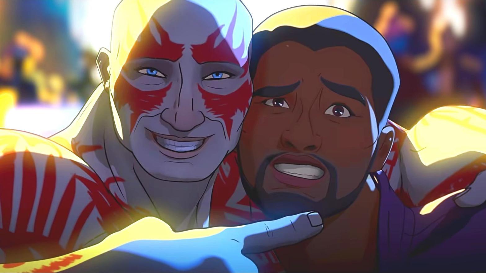 A quieter What If? moment with Drax and T'Challa the Star-Lord. (Image: Disney+)