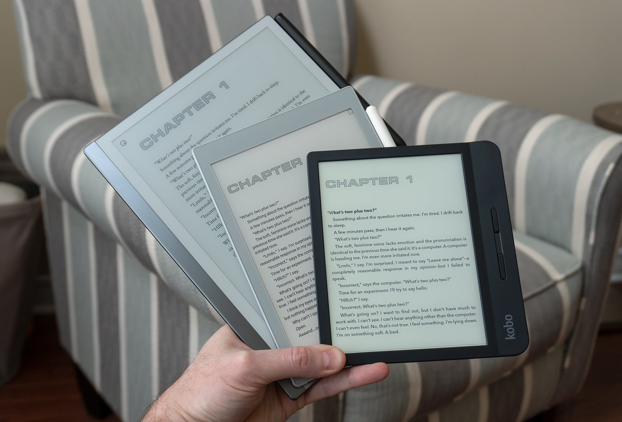 A size comparison between the reMarkable 2 (back), the Boox Nova Air (middle), and the Kobo Libra (front). (Photo: Andrew Liszewski - Gizmodo)