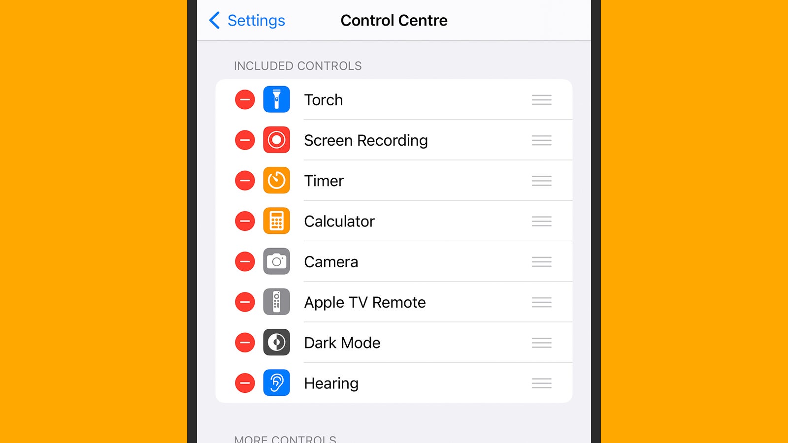 The Control Centre options are up to you. (Screenshot: iOS)