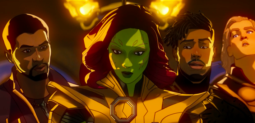 T'Challa, Gamora, Killmonger, and Thor all gazing at a device that might help them save the multiverse. (Screenshot: Disney+/Marvel)