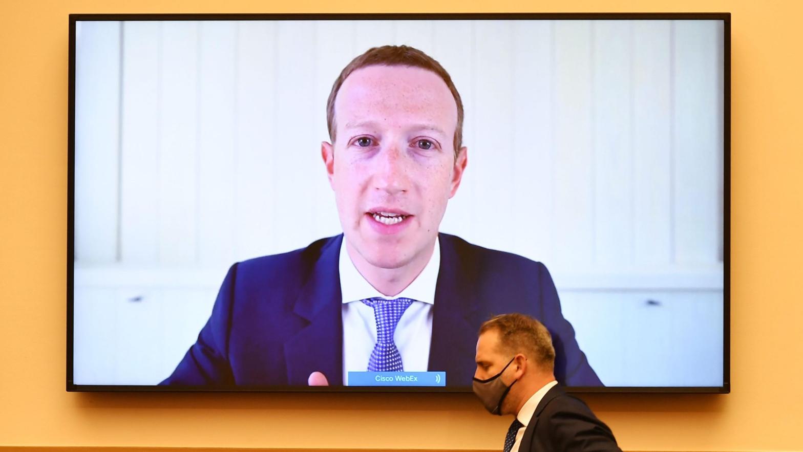 Facebook CEO Mark Zuckerberg shown on a screen to virtual testify before the House Judiciary Subcommittee on Antitrust, Commercial and Administrative Law hearing on July 29, 2020. (Photo: Mandel Ngan/Pool/AFP, Getty Images)