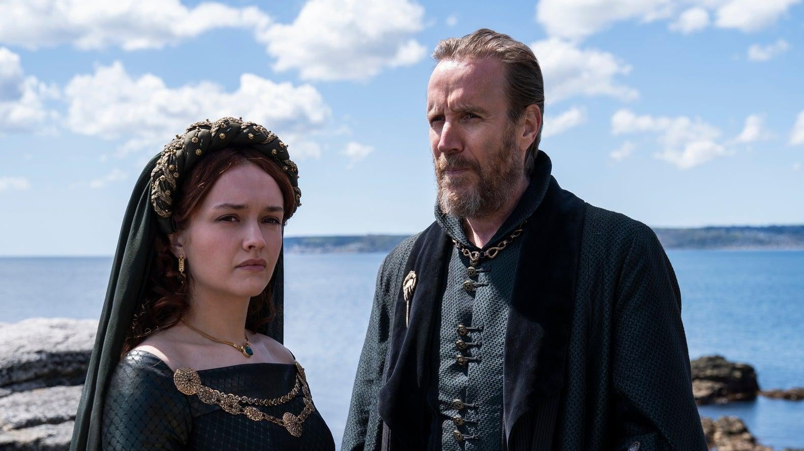 Olivia Cooke as Alicent Hightower and Rhys Ifans as Otto Hightower. (Image: HBO)