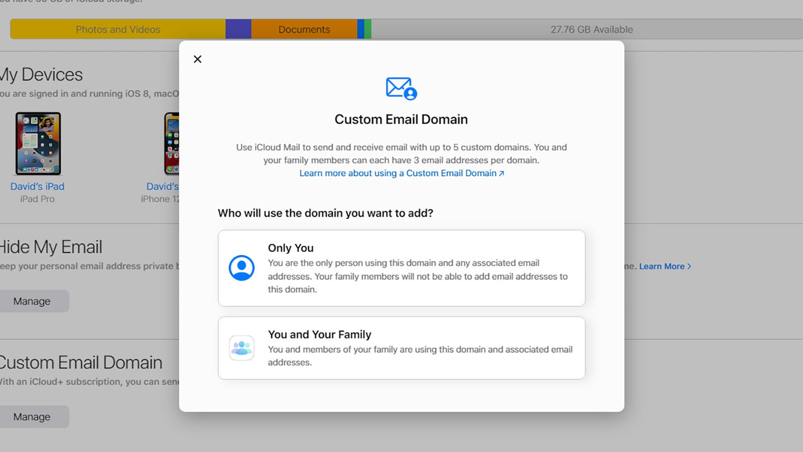 iCloud+ supports custom domains for emails. (Screenshot: iCloud)