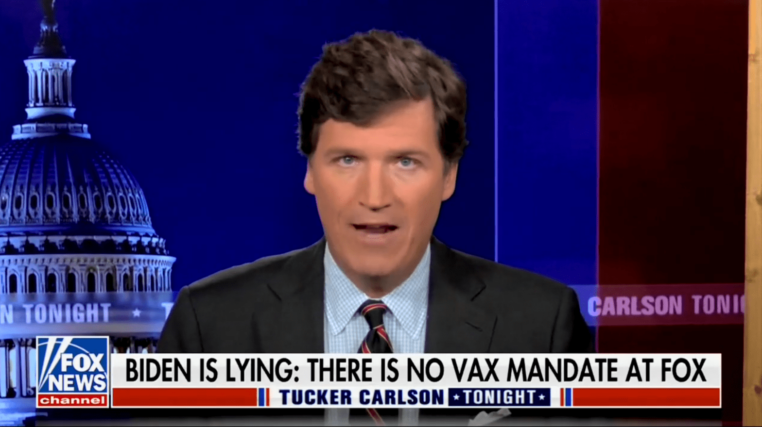Fox News host Tucker Carlson ramping up for another anti-vax tirade on the Oct. 11, 2021 edition of his show. (Screenshot: Fox News / The Daily Beast, Fair Use)