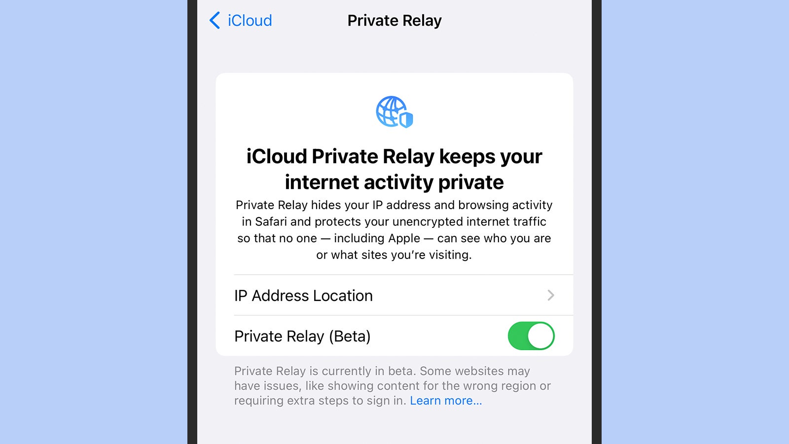 Private Relay can be enabled or disabled with a tap. (Screenshot: iOS)
