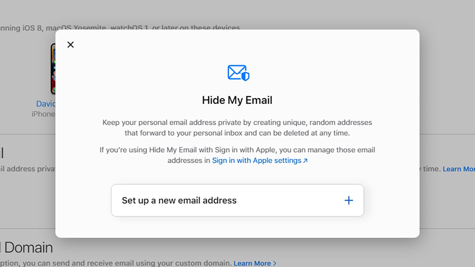 Hide My Email gives you disposable email addresses. (Screenshot: iCloud)
