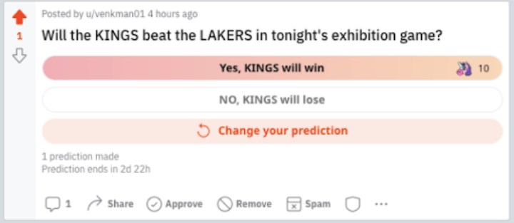 A Reddit Prediction in which you bet on whether the Kings will win