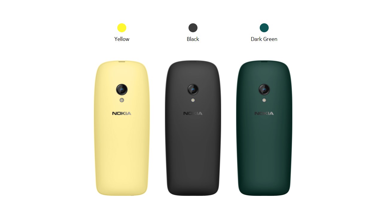 Three Nokia 6310 phones in yellow, black, and green show their backs to the camera