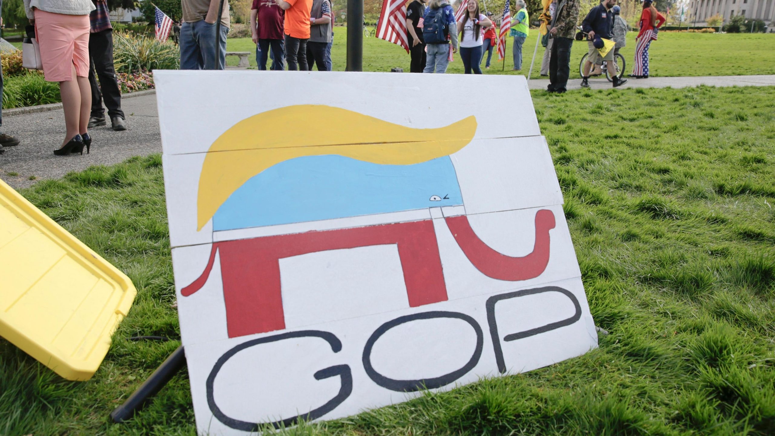 An elephant with Donald Trump's hair, combining the two mascots of the Republican Party, seen at a demonstration in Olympia against a stay-at-home order in the state of Washington in April 2020. (Photo: Jason Redmond / AFP, Getty Images)