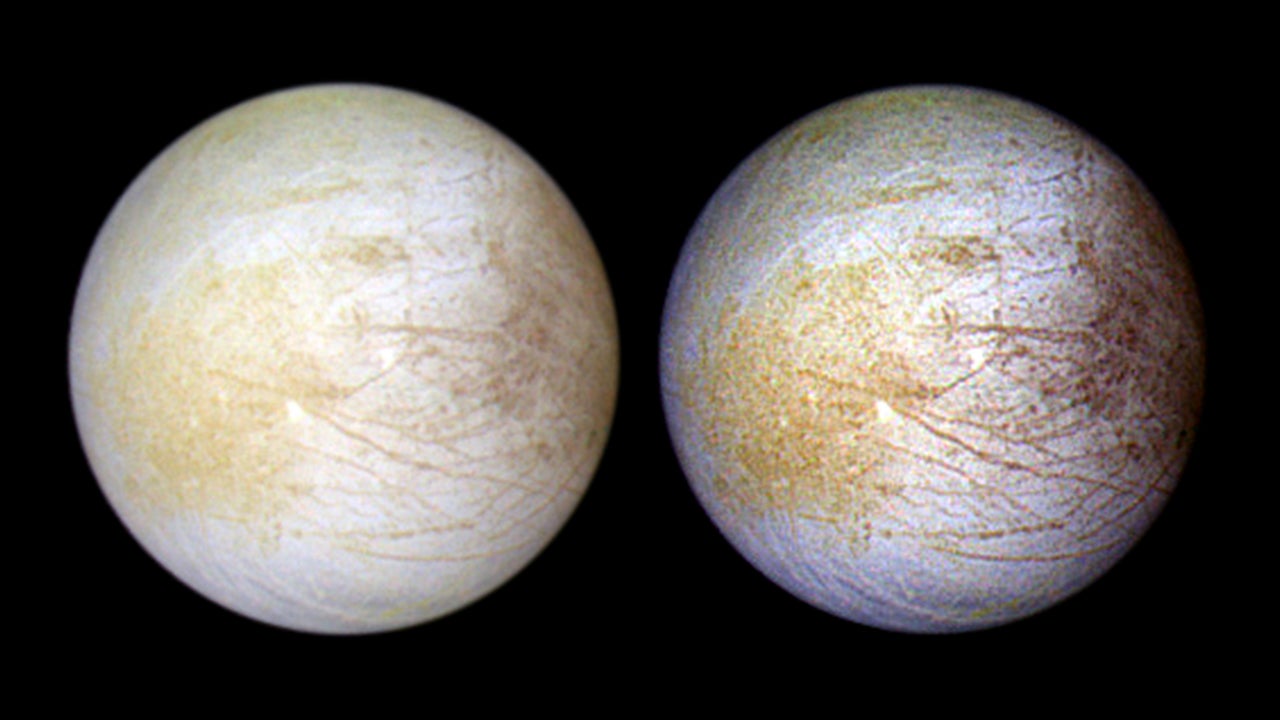 Europa as imaged by the Galileo spacecraft in June 1997. The view on the left shows Europa in its natural colour, while the view at right is colour-enhanced.  (Image: NASA, NASA-JPL, University of Arizona)