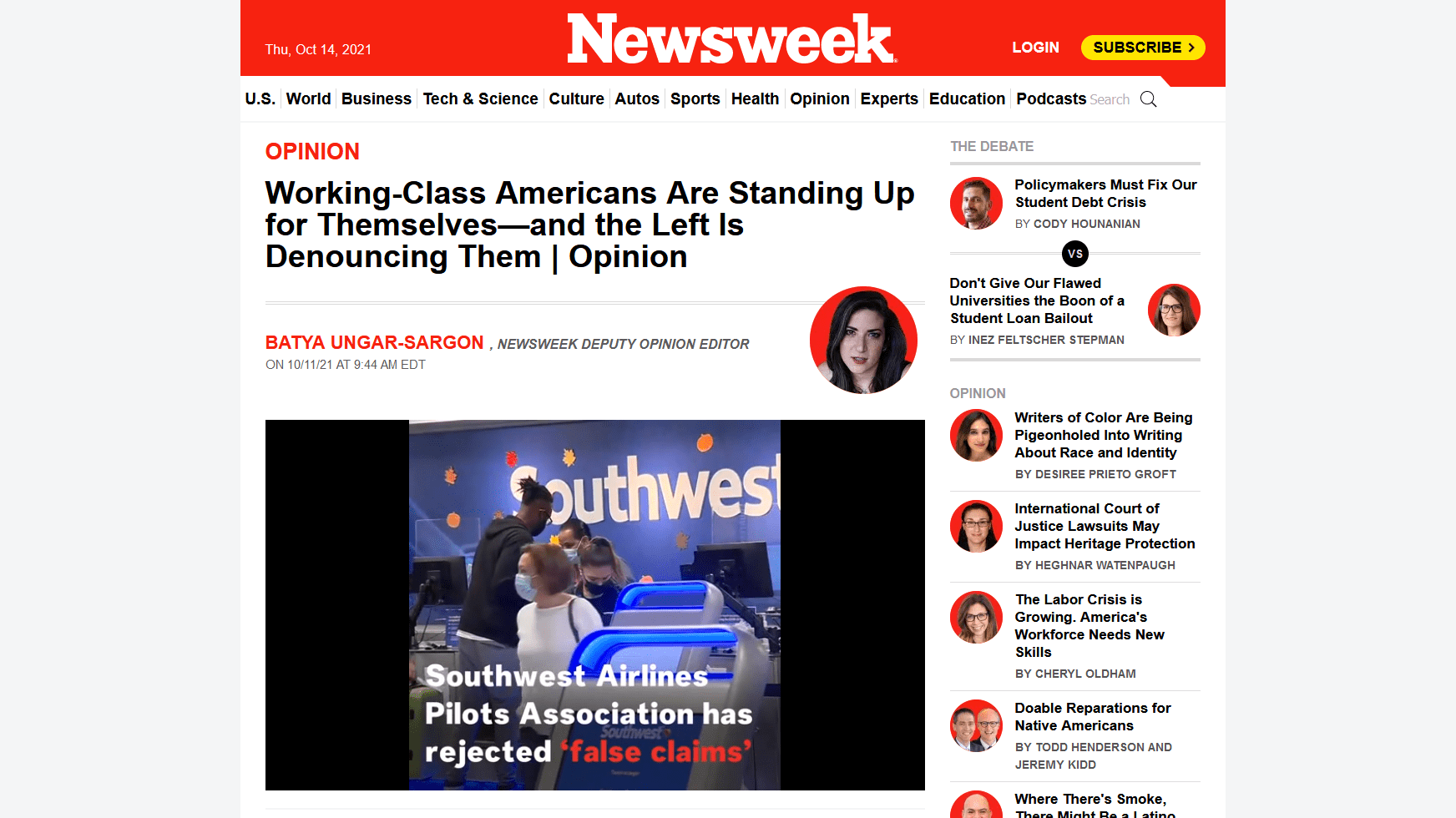 An op-ed in Newsweek claiming, despite the absence of any evidence, that Southwest outages this weekend were due to protests against coronavirus vaccines. (Screenshot: Newsweek, Fair Use)