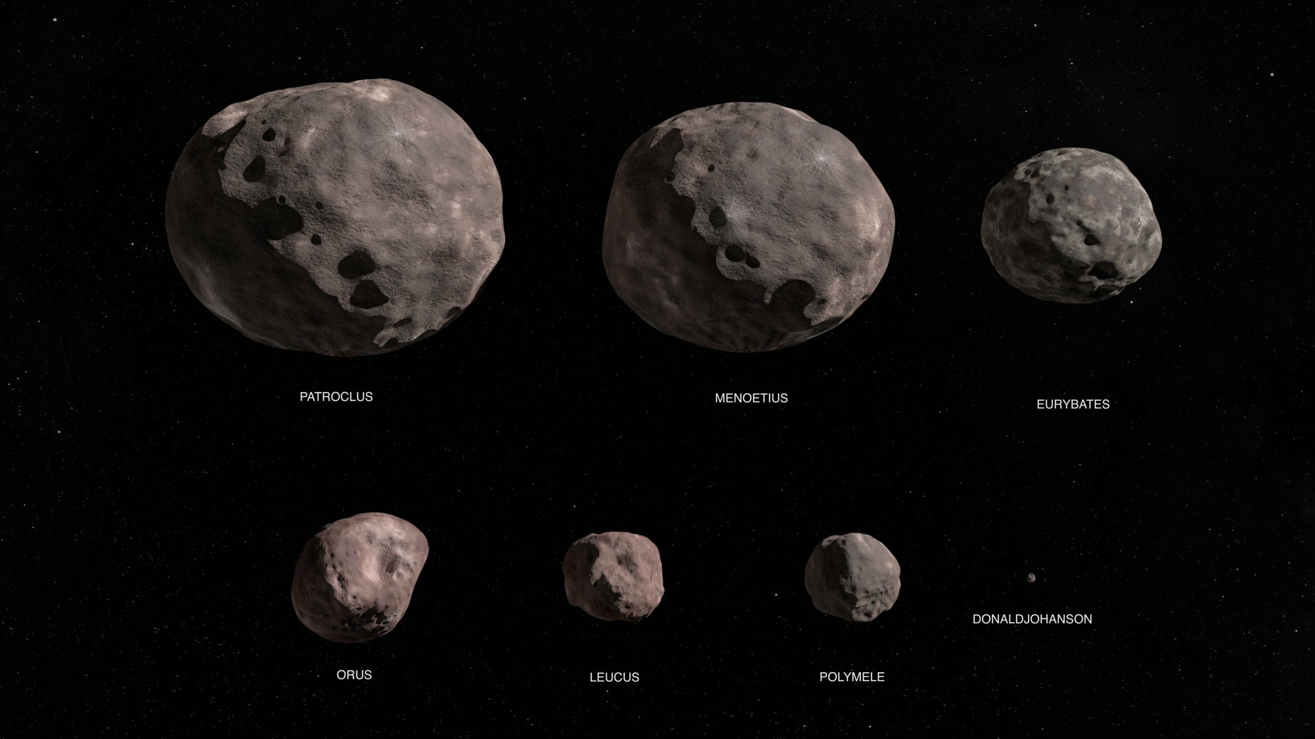 Depiction of the seven Trojan asteroids on Lucy's itinerary.  (Image: NASA/Goddard Space Flight Centre Conceptual Image Lab)