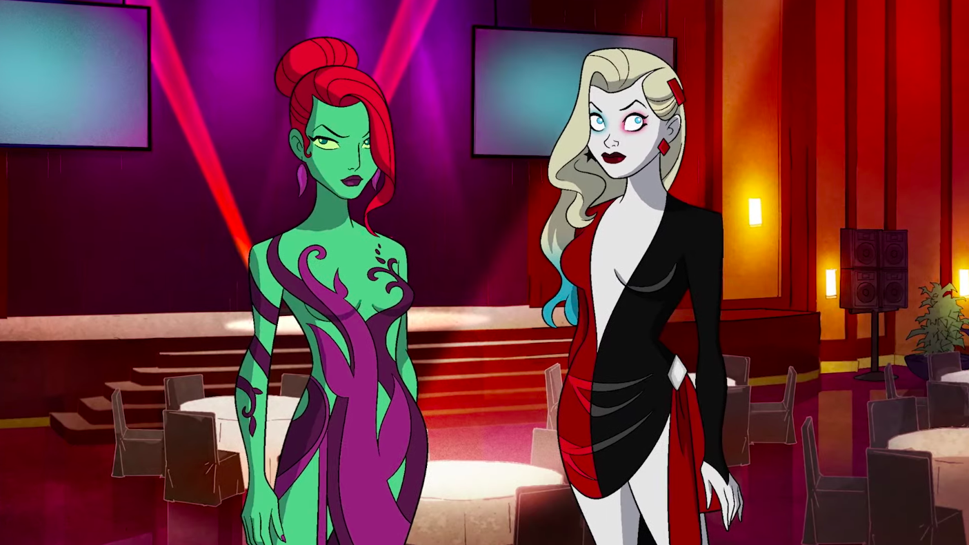 Poison Ivy and Harley Quinn in two chic new dresses. (Screenshot: HBO Max)