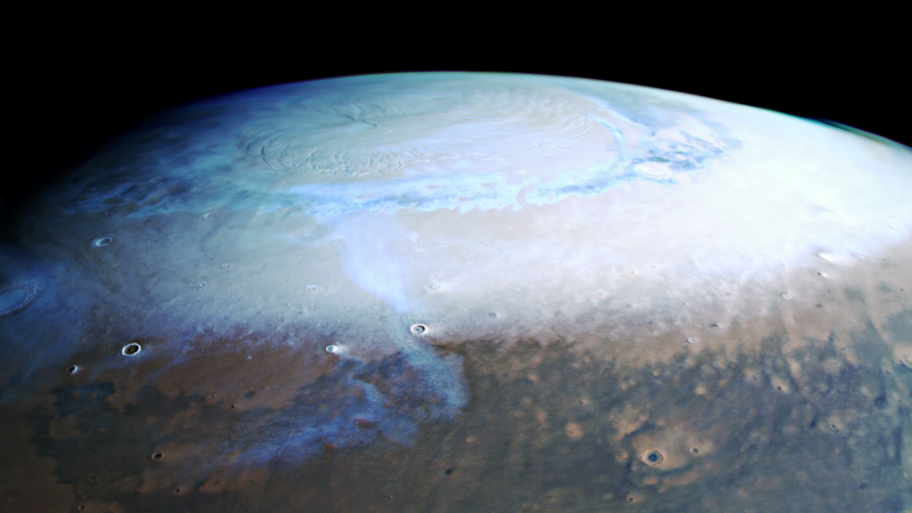 The onset of spring at the Martian north pole.  (Image: ESA/DLR/FU Berlin, CC BY-SA 3.0 IGO)