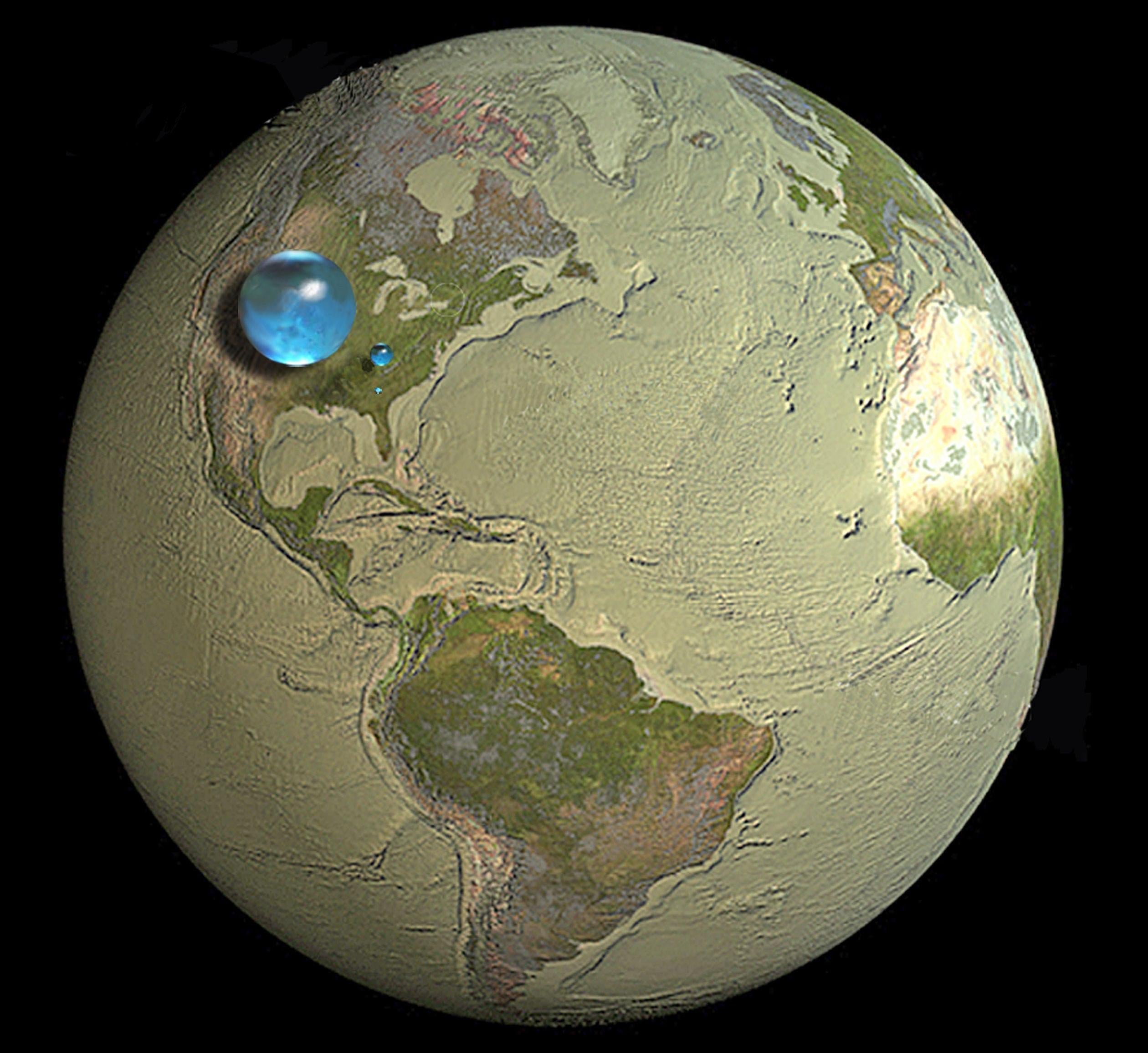 The world's water: The largest blue sphere represents the total volume of all water on Earth; the second largest represents all fresh liquid water in the ground, lakes, swamps, and rivers; and the smallest sphere represents freshwater in lakes and rivers only.  (Image: USGS)