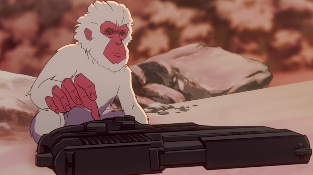 A a Japanese macaque reaching for a gun. (Screenshot: Hulu/Marvel)