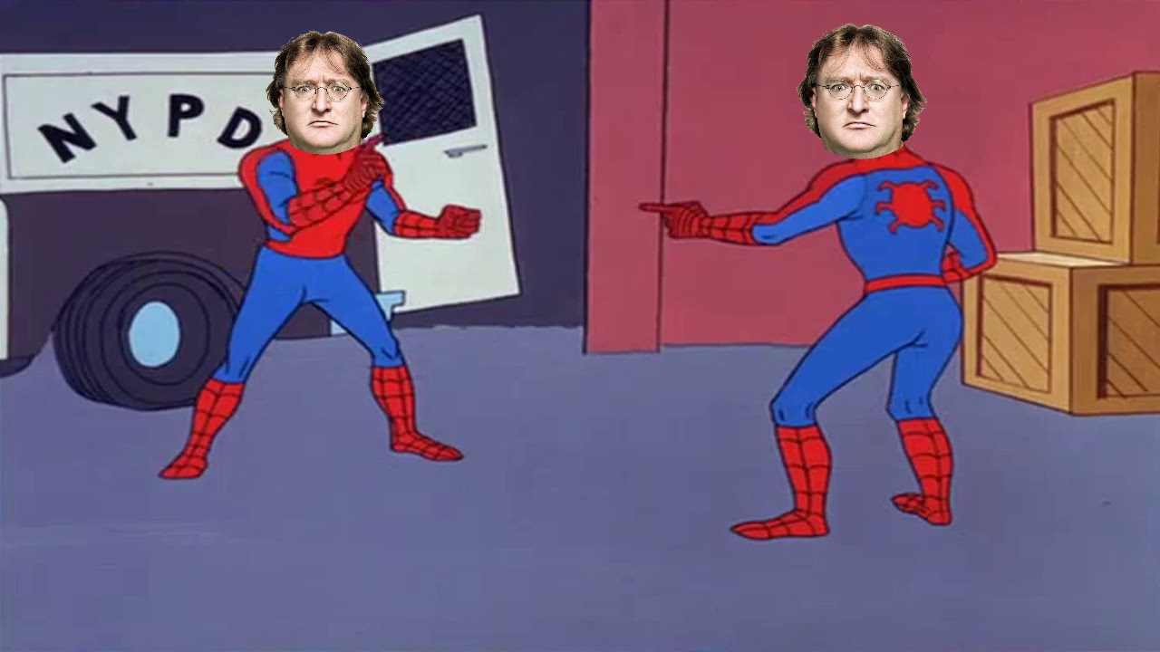 Two Spider-Man figures point at each other, both with the head of Valve founder Gabe Newell