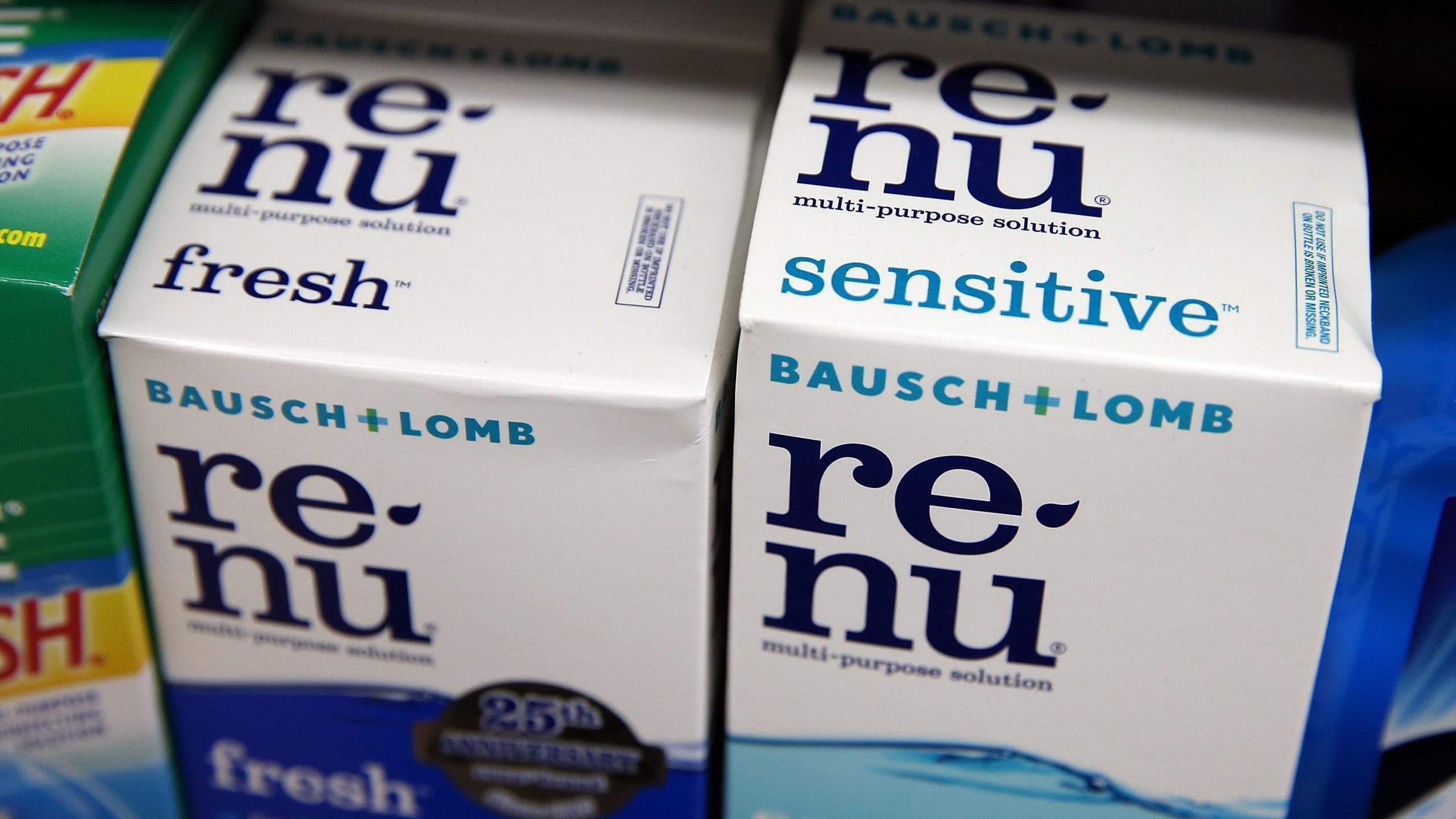 Boxes of Bausch and Lomb contact lens solution sit on a shelf at Arguello Market on May 28, 2013 in San Francisco, California.  (Photo: Justin Sullivan, Getty Images)