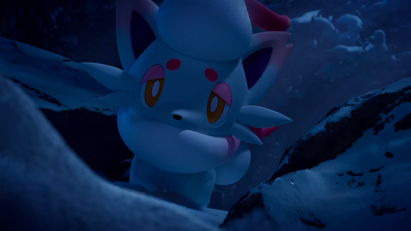 A Hisuian Zorua gazing down at an unfortunate human. (Screenshot: The Pokémon Company)