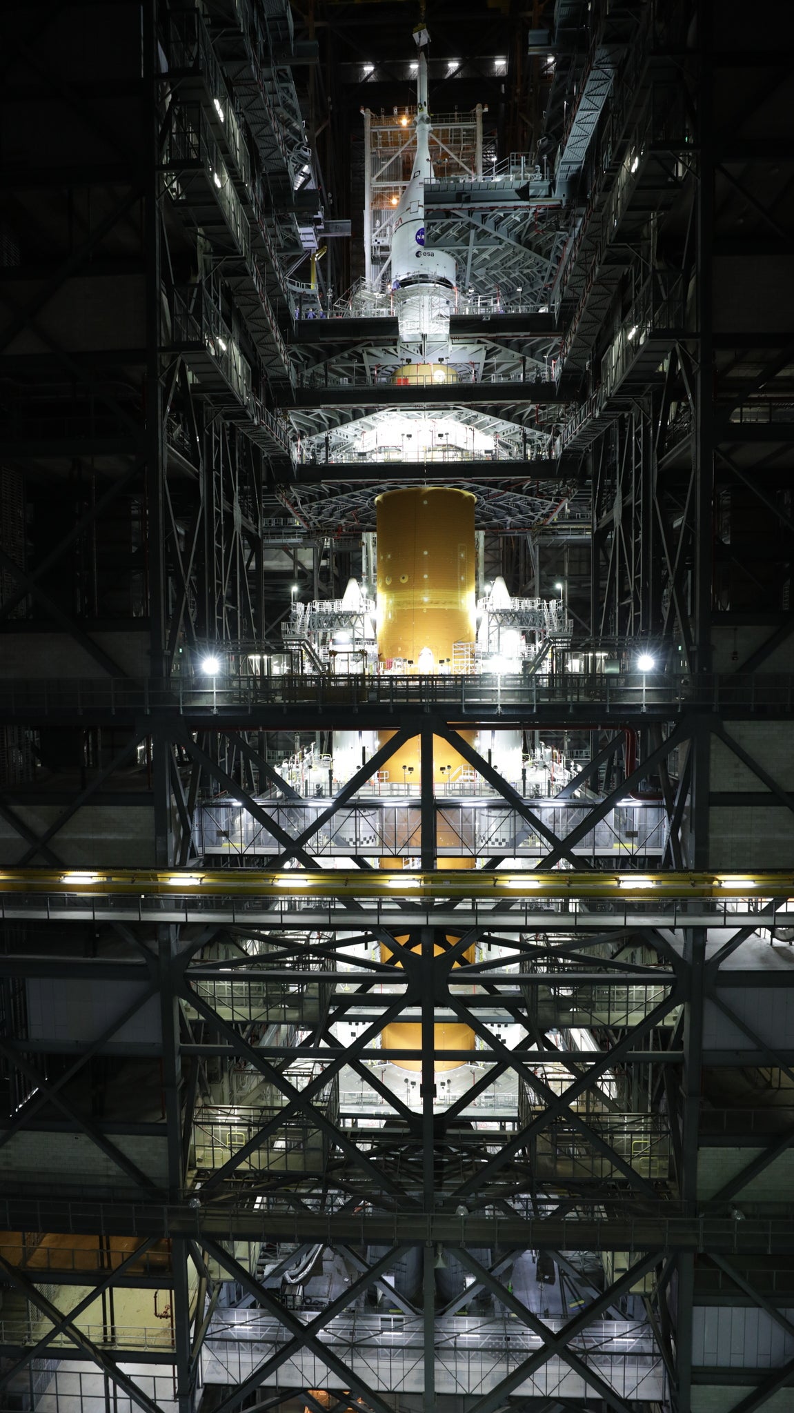 The fully stacked SLS rocket, as seen inside NASA's Vehicle Assembly Building at Kennedy Space Centre in Florida.  (Image: NASA)