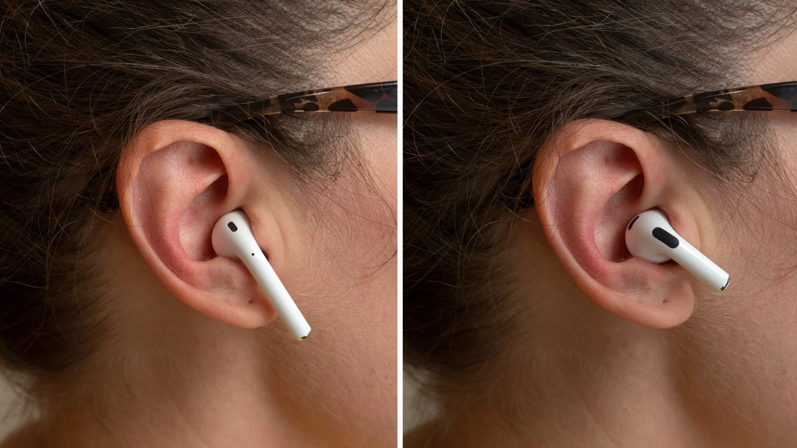 The new AirPods (right) benefit from the shorter stem and better weight distribution which makes them easier to keep stuck in your ears. I've always struggled to wear the second-gen AirPods (left), but the new version is much improved here. (Photo: Andrew Liszewski - Gizmodo)