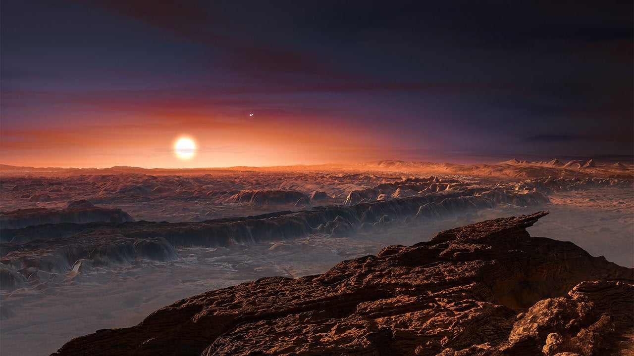 Artistic impression of the surface of Proxima Centauri b, one of two exoplanets in orbit around the red dwarf Proxima Centauri.  (Image: ESO/M. Kornmesser)