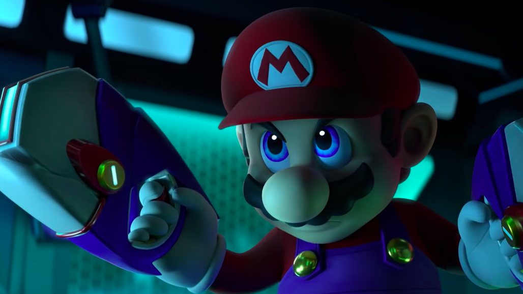 Mario firing up two laser guns, which is a thing he does these days. (Image: Ubisoft/Nintendo)