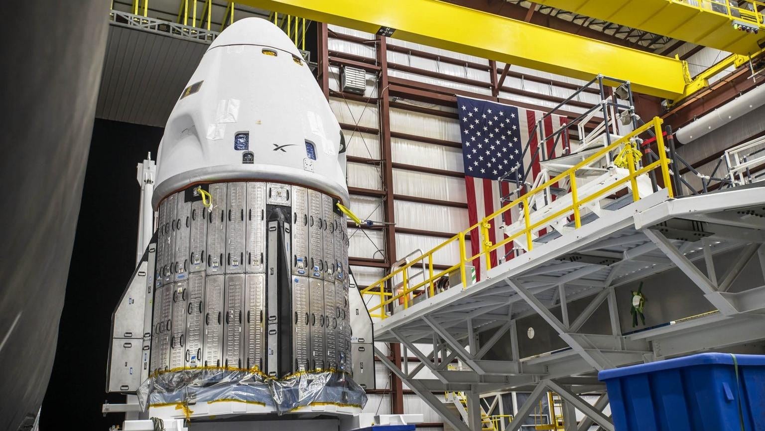SpaceX's Crew Dragon Endurance spacecraft in a hanger at NASA's Kennedy Space Centre in Florida.  (Image: SpaceX)