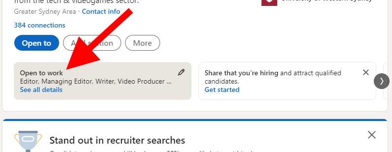 A red arrow points to the spot on the LinkedIn profile where you can click to start freelancing
