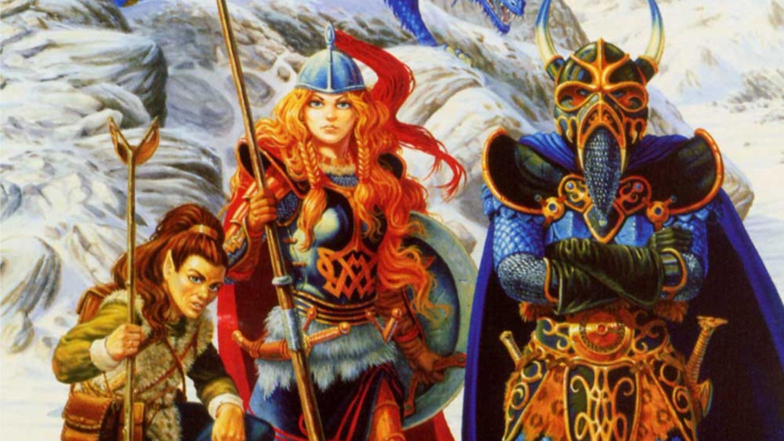 Inset of the original Dragons of Winter Night cover by Larry Elmore. L-R: Tasslehoff, Laurana, and a certain Dragon Highlord. (Image: Wizards of the Coast)