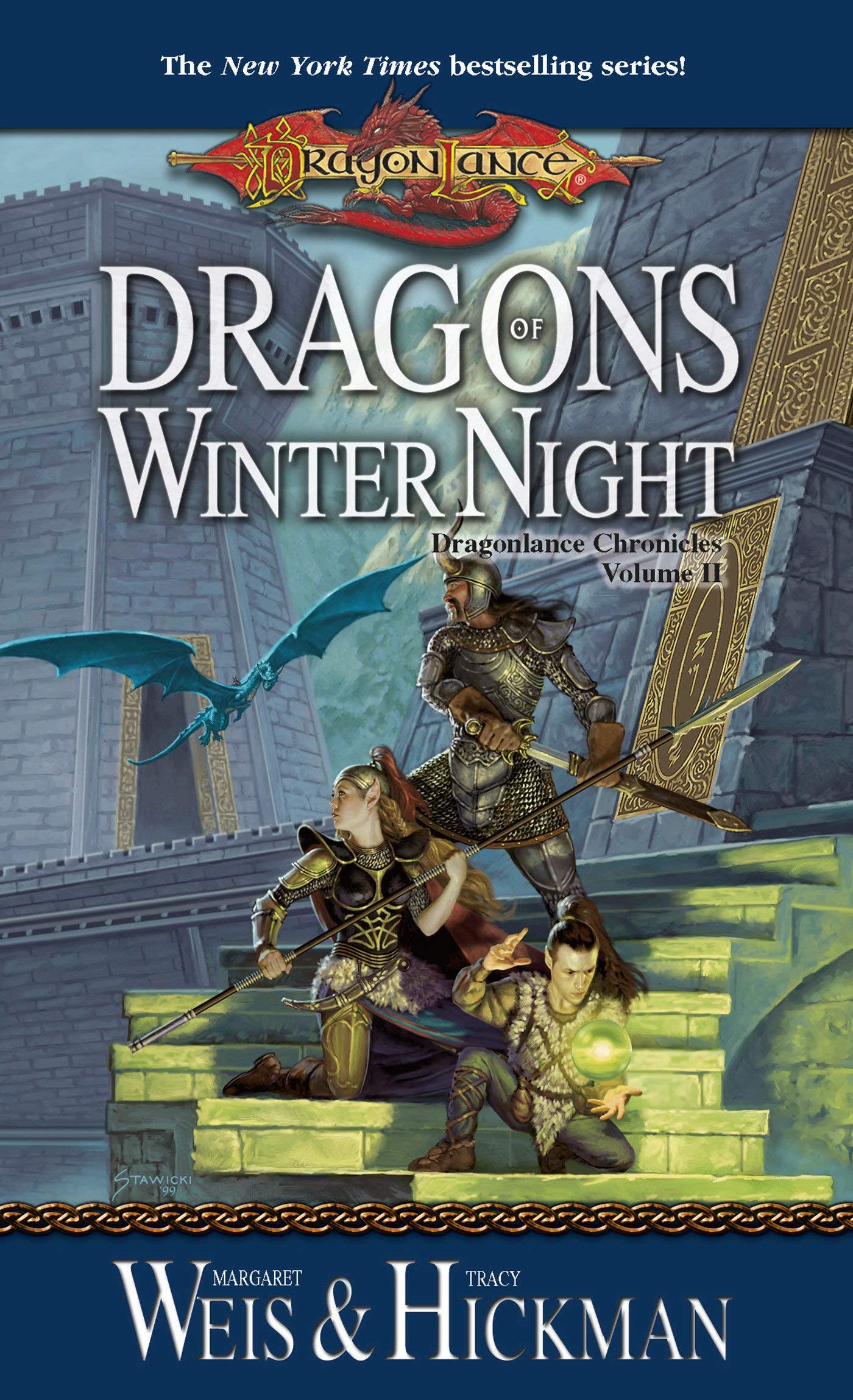 Matt Stawicki's cover for the 2000 reprint of Dragons of Winter Night, featuring Sturm, Laurana, and Tasslehoff. (Image: Wizards of the Coast)